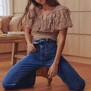 Free People Beatrice Lace Up Smocked Waist Floral Top Size Large